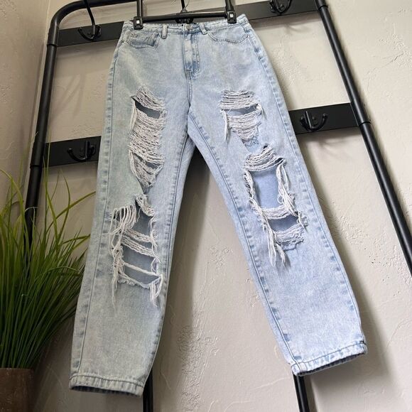 Missguided riot high rise mom jeans distressed ripped light denim size 6 - Picture 6 of 16